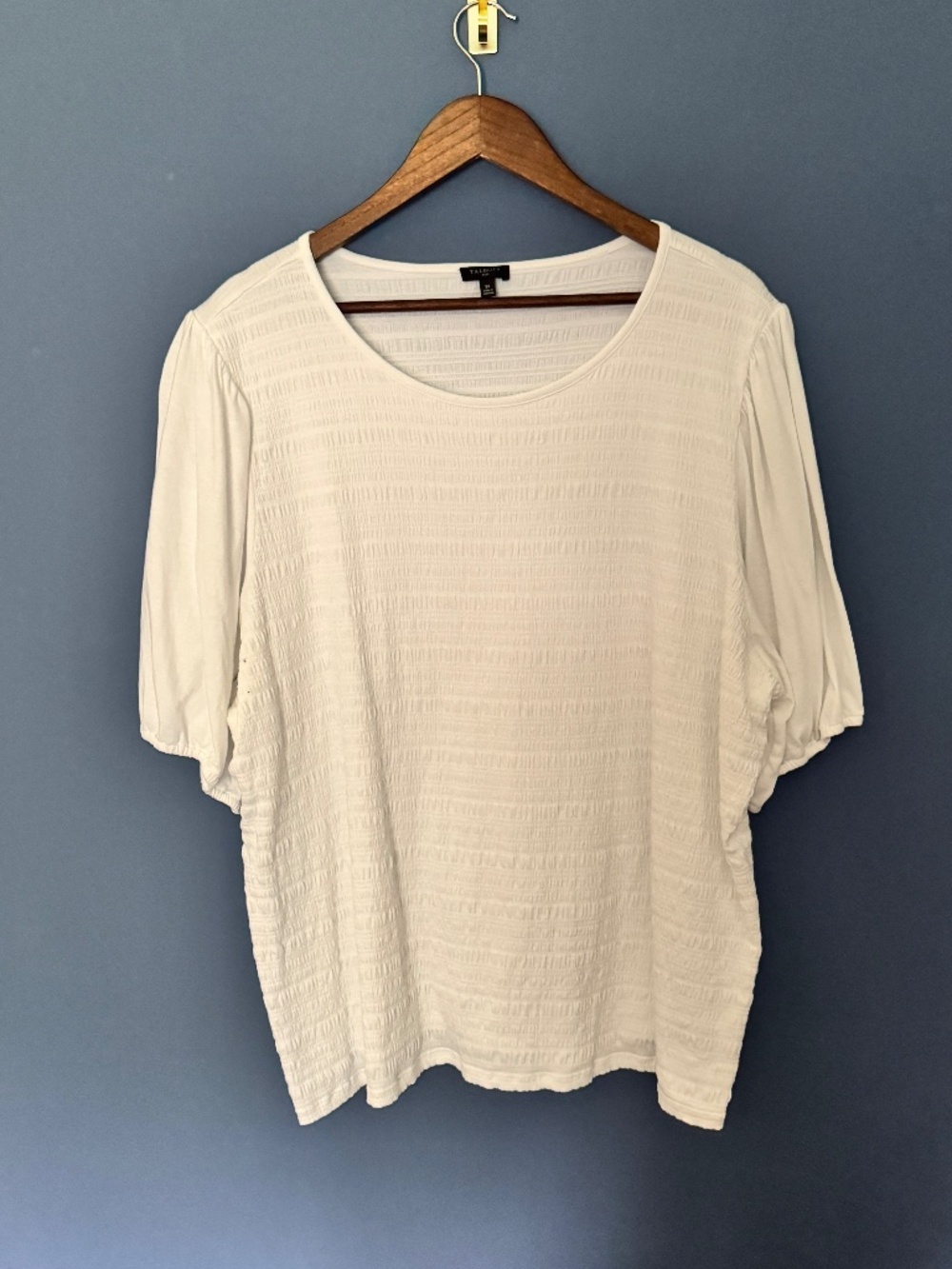Talbots Smocked Top Womens 3X White Puff Sleeve Scoop Neck Cotton Blend Stretch